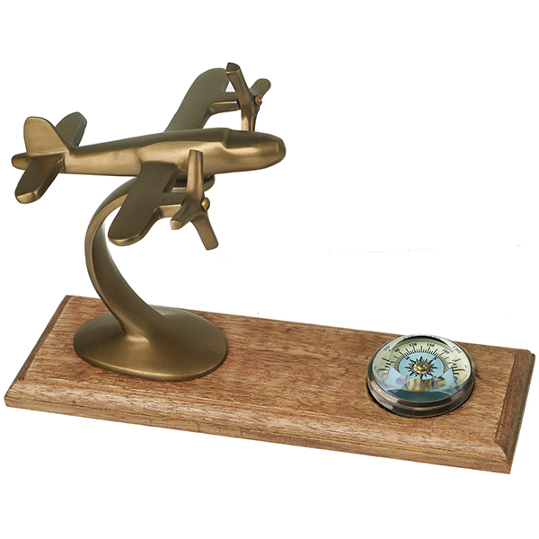 מעמד שולחני מטוס עשוי נחושת בסיס עץ משולב עם מצפן