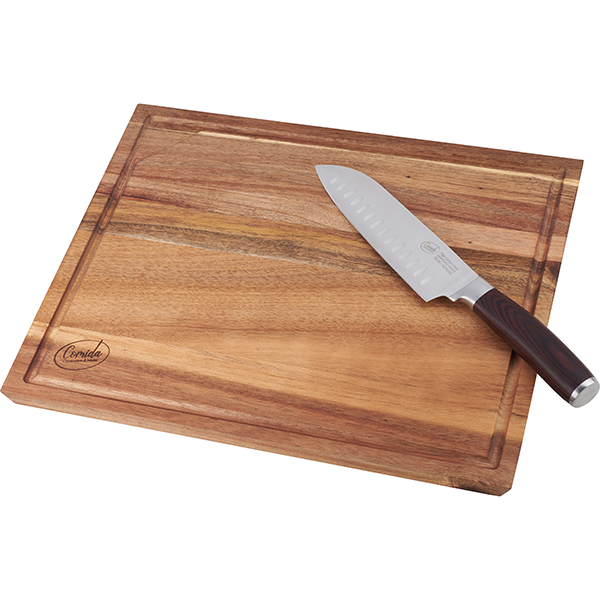 "Comida" סט סכין סנטוקו מקצועית 30 ס"מ (להב 18 ס"מ) לוח חיתוך עץ איכותי ACACIA עם שוליים משופעים - תמונה 2