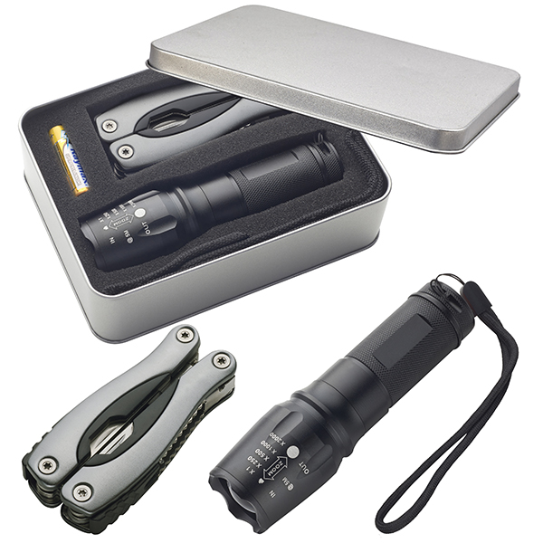סט  השרדות הכולל פנס 500 לומנס ומיקוד משתנה OPTO-LED + רב כלי MULTI TOOL בקופסת מתכת