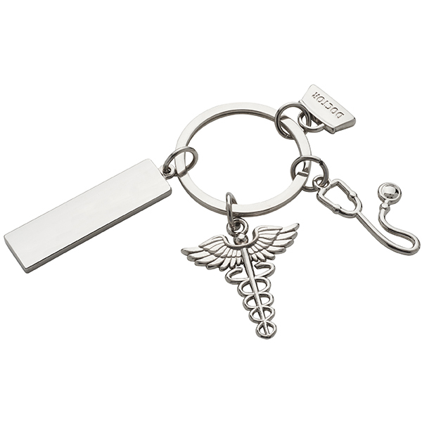 מחזיק מפתחות מתכתי "רופא" עם לוחית מלבנית למיתוג