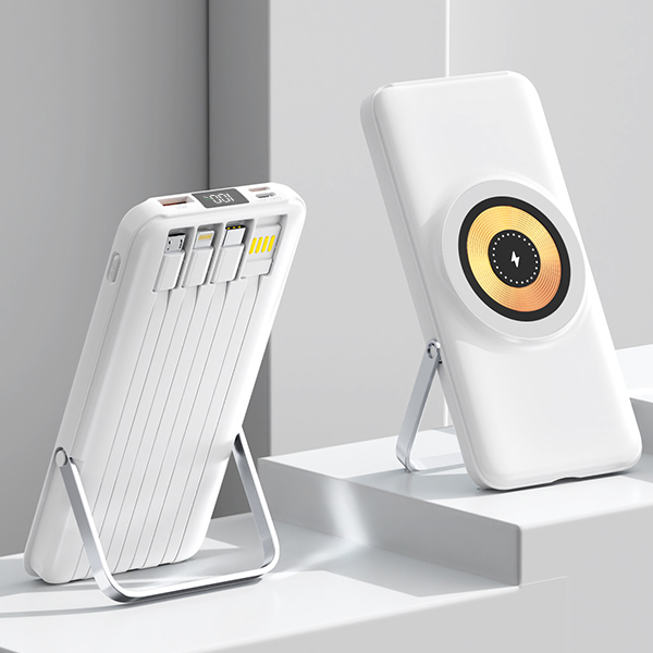 פאוור בנק סוללת גיבוי 10,000mAh משולב עם מטען אלחוטי 15W הכולל 4 כבלים, צג דיגיטלי ורגלית