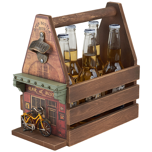 מנשא עץ לשישה בקבוקי בירה  חזית בר + אופניים + פותחן