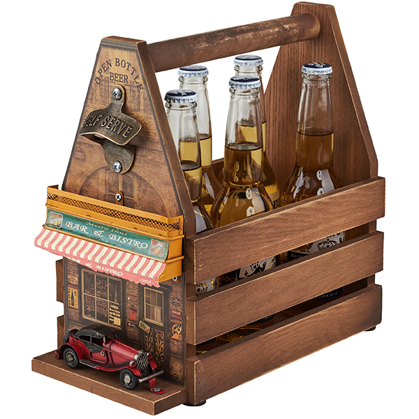 מנשא עץ לשישה בקבוקי בירה  חזית בר + מכונית ספורט + פותחן