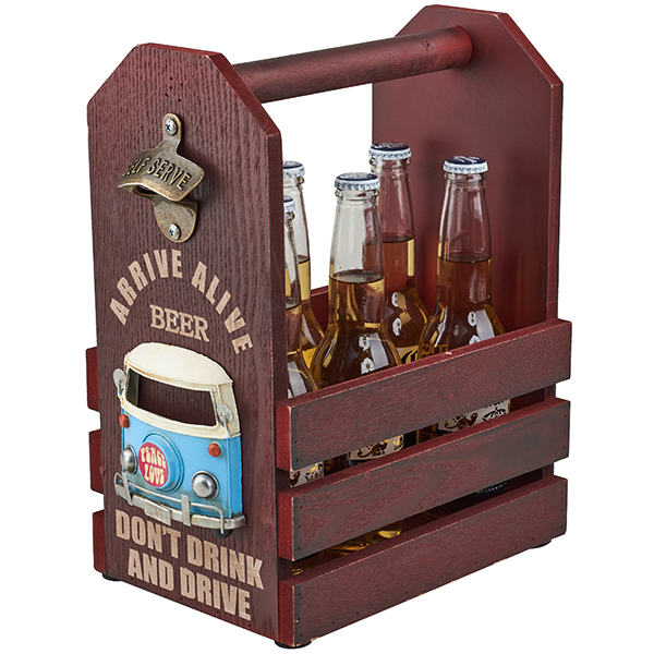 מנשא עץ לשישה בקבוקי בירה  חזית בר + וואן רטרו + פותחן