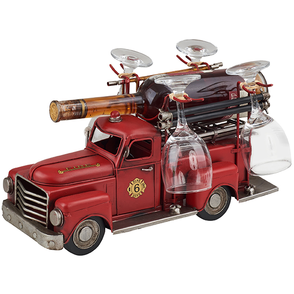 מעמד לבקבוק יין וארבע כוסות כבאית עם סולמות עתיקה אדום מתכת