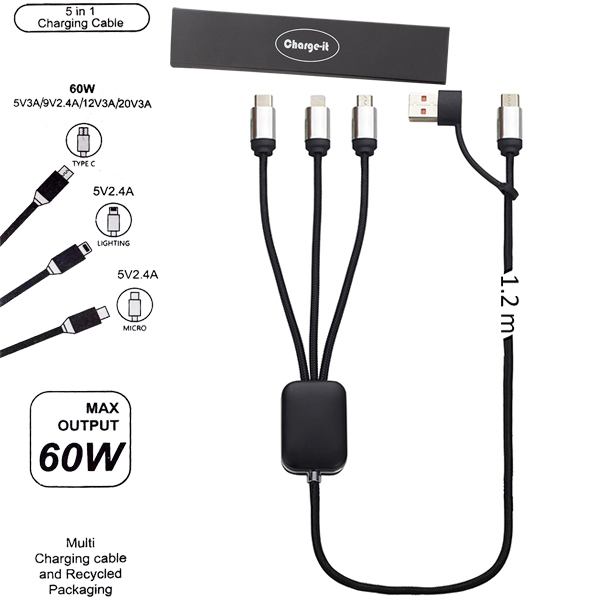 כבל טעינה 5 ב-1 מהיר במיוחד 5A תואם Type-C/iPhone/Android - תמונה 2