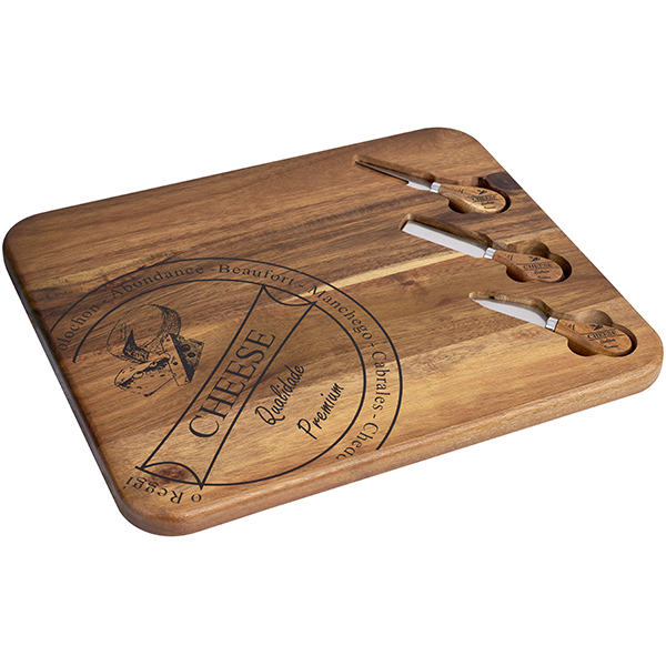 "Comida" סט לוח עץ מהודר ACACIA לחיתוך גבינות משולב עם 3 סכיני גבינה - תמונה 2