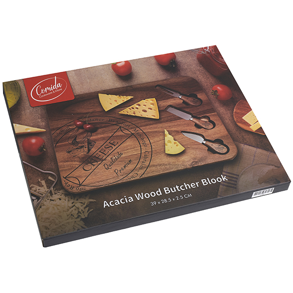 "Comida" סט לוח עץ מהודר ACACIA לחיתוך גבינות משולב עם 3 סכיני גבינה - תמונה 3