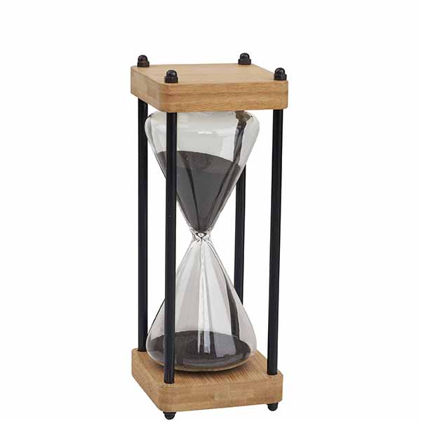 שעון חול זכוכית עץ ונחושת מד מדידה 15 דקות