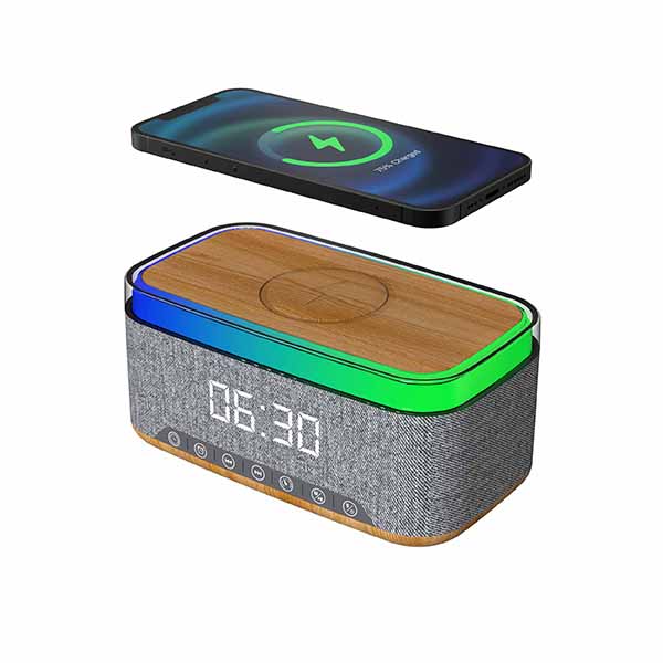 מטען אלחוטי מהיר 15W  משולב עם רדיו/רמקול Bluetooth 10W ושעון דיגיטלי