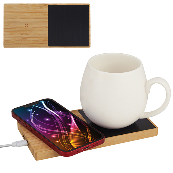 מטען אלחוטי מהיר 10W במבוק משולב עם פלטה לחימום קפה