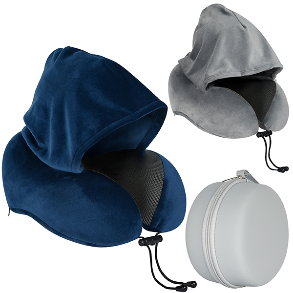 "MEMORY FOAM" כרית נסיעות לצוואר מרופדת עם קפוצ'ון בתיק PVC קשיח עגול