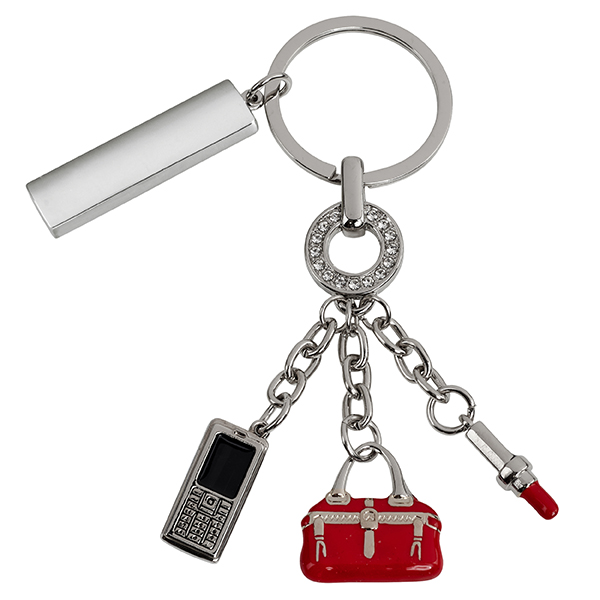 מחזיק מפתחות מתכתי "תיק, פלאפון, שפתון" עם לוחית מלבנית למיתוג
