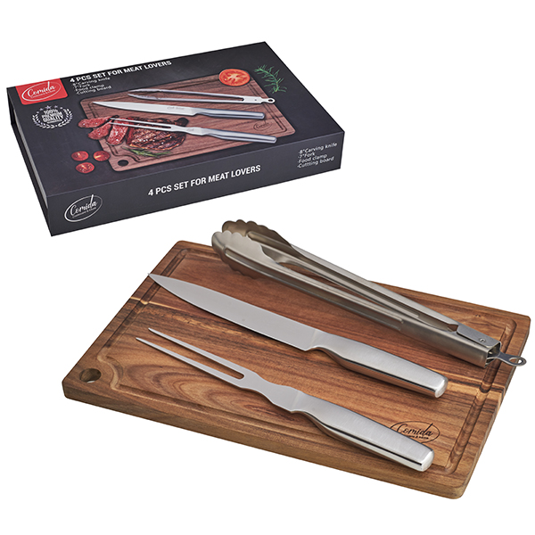 "Comida" סט 4 חלקים למטבח כולל סכין שף, קלשון בשר, מלקחיים ולוח חיתוך עץ איכותי ACACIA