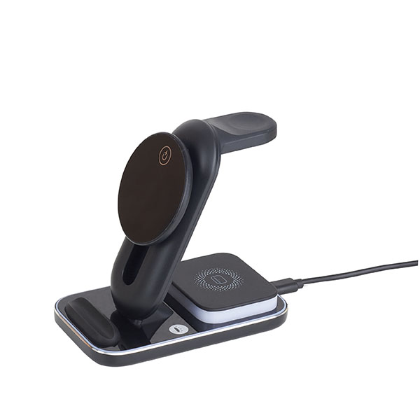 מטען אלחוטי מהיר 15W משולב עם תאורה 3 ב-1 לנייד + שעון חכם + אוזניות