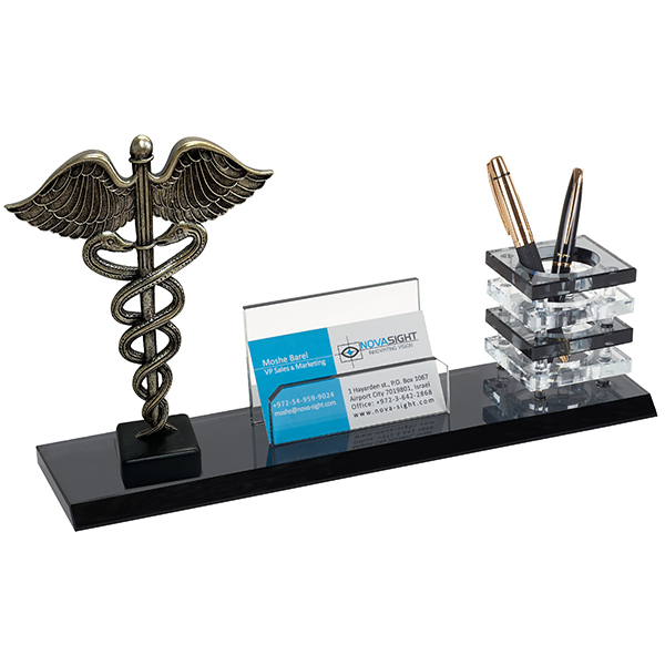 מעמד קריסטל "סמל הרפואה" עם כוס לעטים ומעמד לכרטיסי ביקור