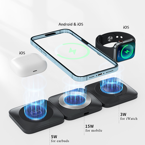 "קונקט" מטען מגנטי אלחוטי מהיר 15W  משולב עם תאורה 3 ב-1 לנייד + שעון חכם + אוזניות - תמונה 7