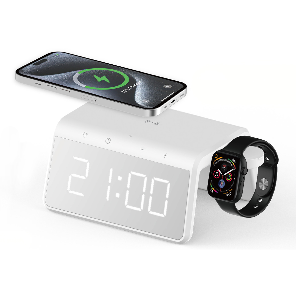 מטען אלחוטי מהיר 2 ב-1 לנייד 15W ושעון חכם 2W משולב עם שעון דיגיטלי