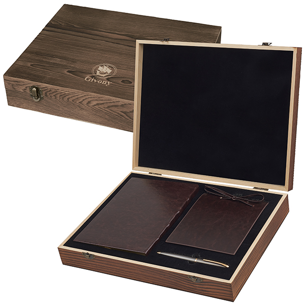 מארז מתנה מעץ עבור מחברת בלוק ועט מבית המותג גבעוני