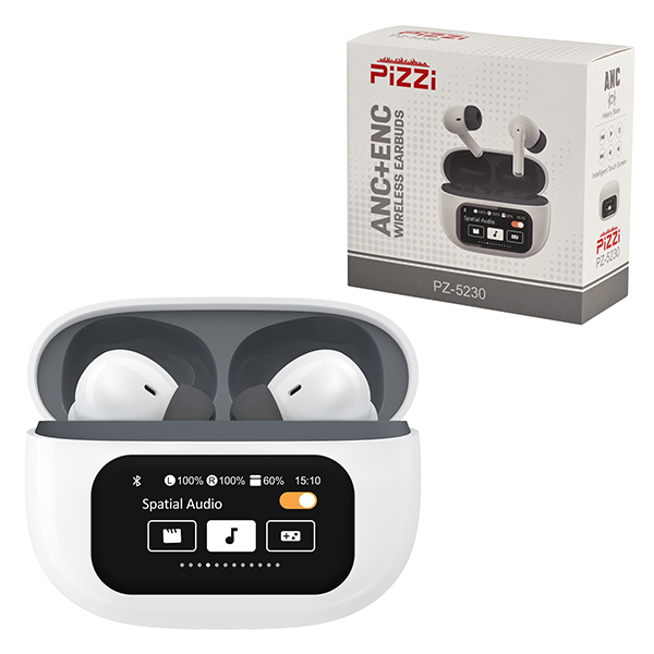 אוזניות איכותיות EarBuds F11 PiZZi אלחוטיות Bluetooth עם מסך טאץ' ותצוגה בעברית ובית טעינה קומפקטי