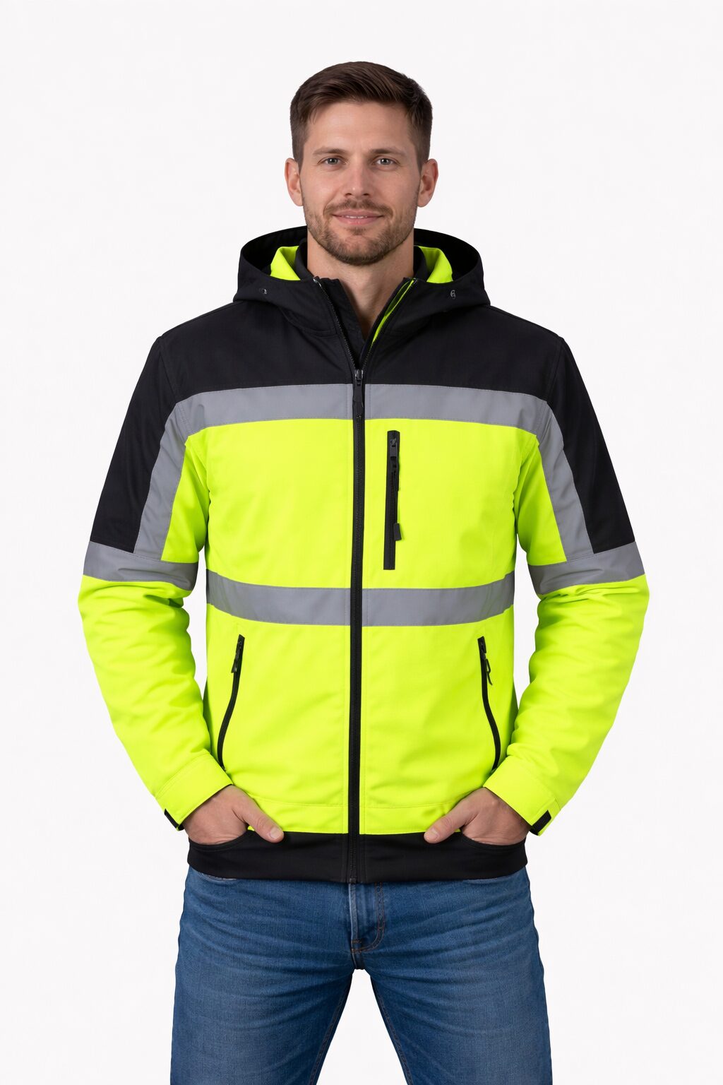 מעיל סופטשל דגם וינה עם כובע נסתר ופסים זוהרים