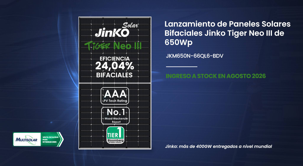 Multisolar incorpora a su portfolio los nuevos paneles bifaciales Jinko Tiger Neo III de 650 Wp