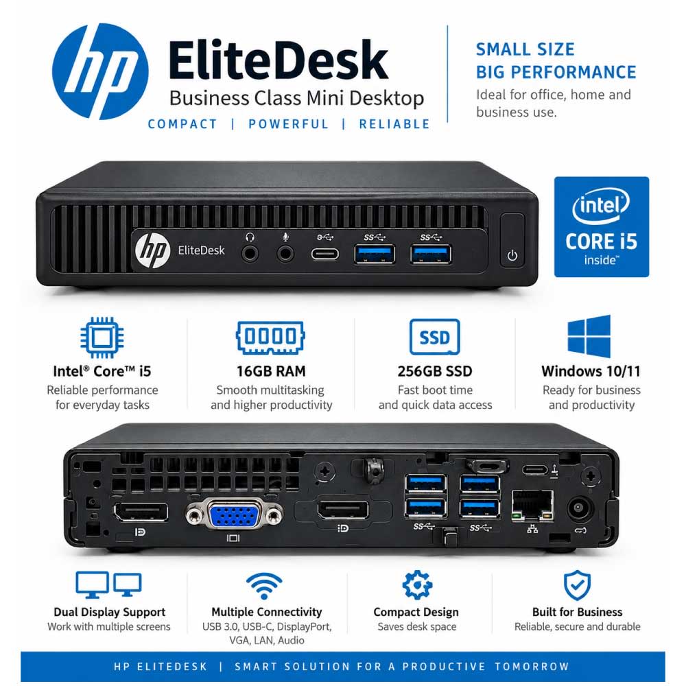 Black · HP EliteDesk – Core i5, 16GB RAM, 256GB SSD 6