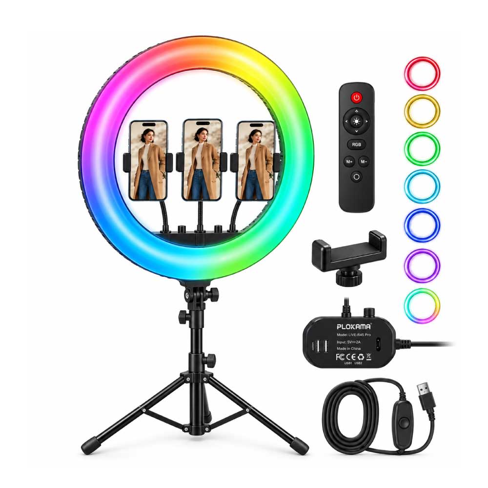 PLOKAMA LIVE-R45 Pro 45cm RGB LED Soft Ring Light – 60W, 3 Phone Holders, Remote & Dual USB