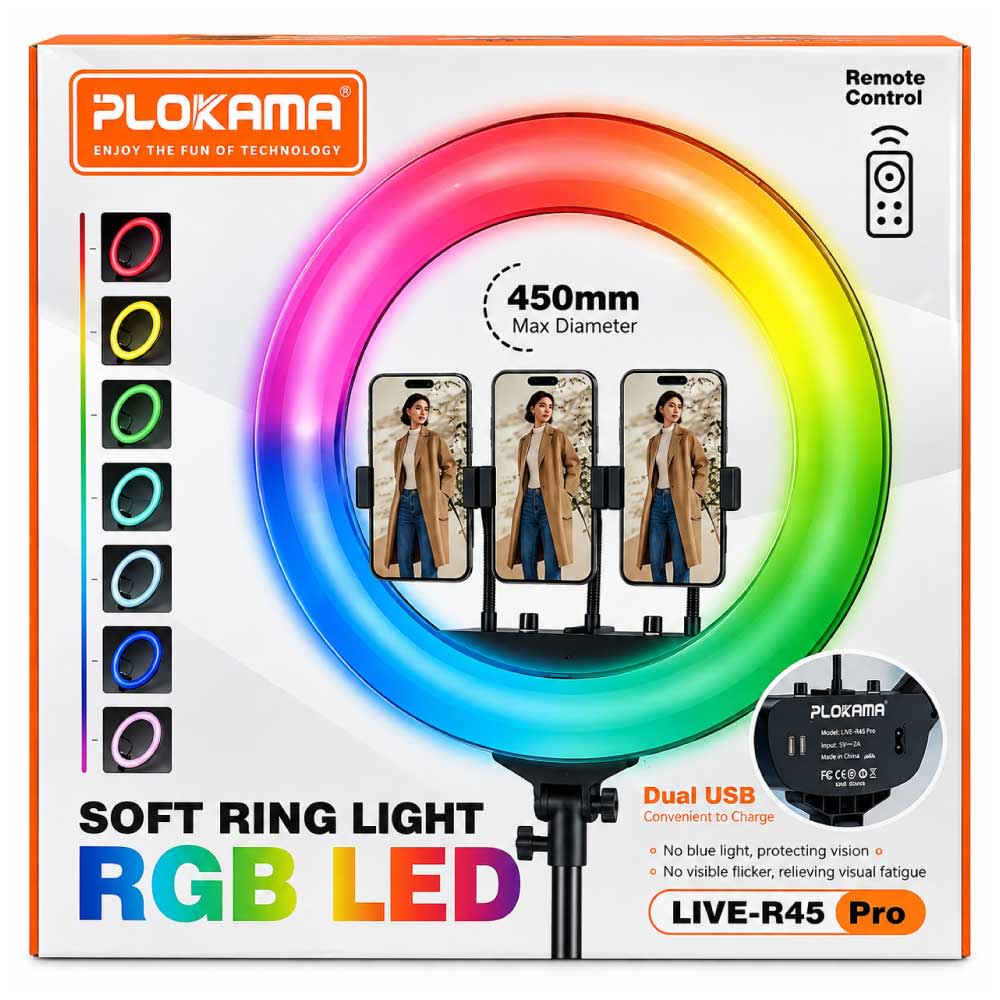 PLOKAMA LIVE-R45 Pro 45cm RGB LED Soft Ring Light – 60W, 3 Phone Holders, Remote & Dual USB image 2