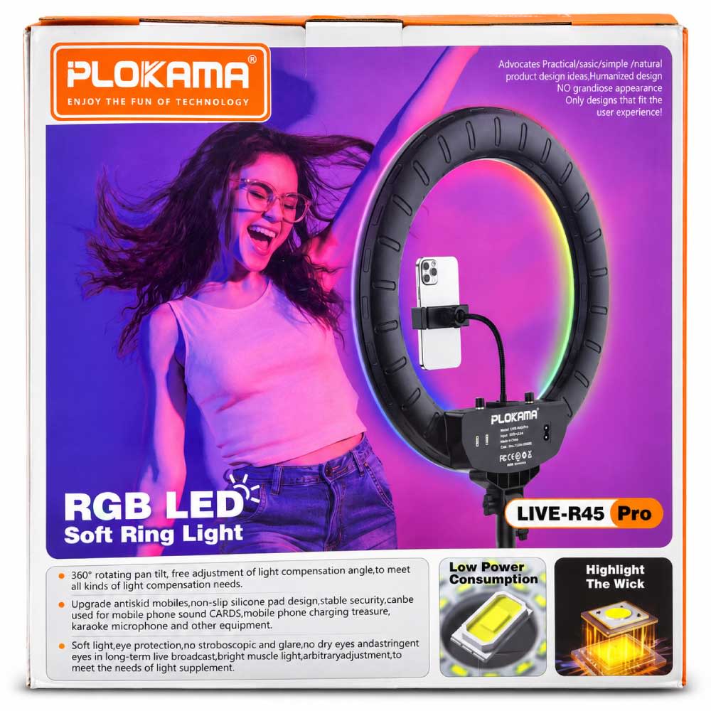 PLOKAMA LIVE-R45 Pro 45cm RGB LED Soft Ring Light – 60W, 3 Phone Holders, Remote & Dual USB image 3