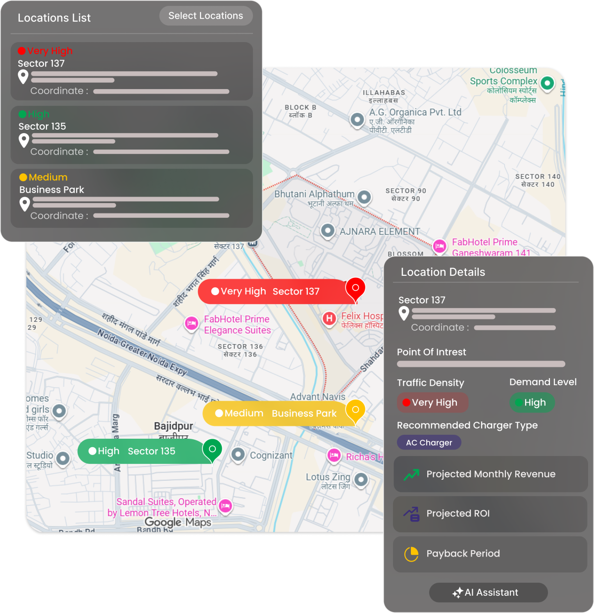 AI-based EV charging location prediction showing high-demand areas for better ROI.