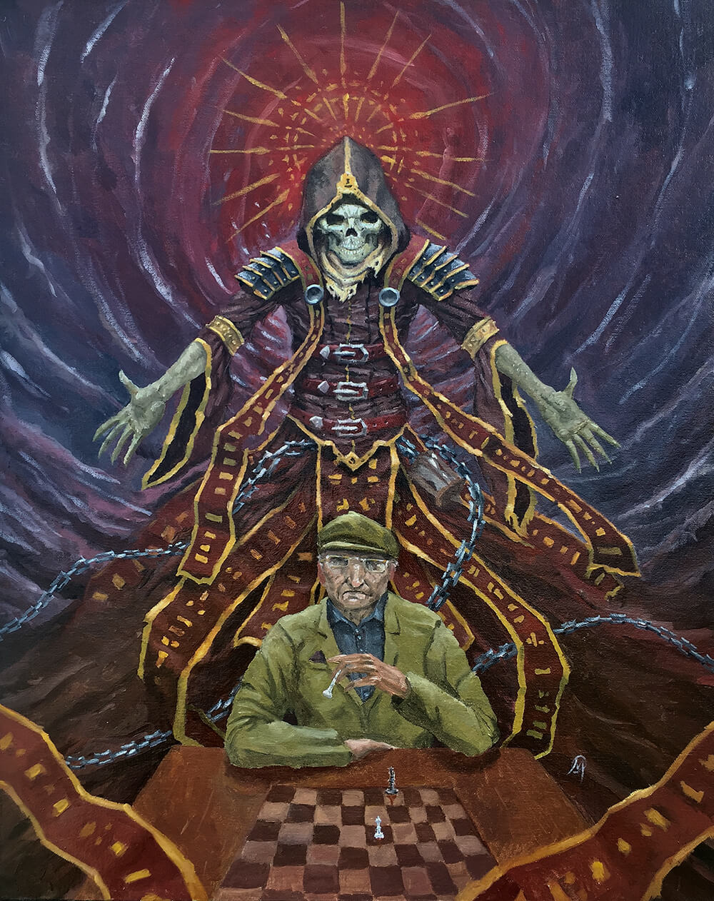 Old man playing chess with grim reaper behind him oil painting by Adam Miconi