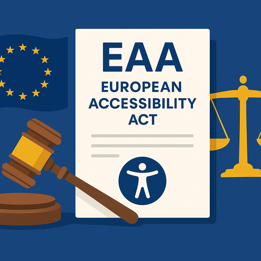 A document showing the European Accessibility Act alongside a gavel and scales of justice