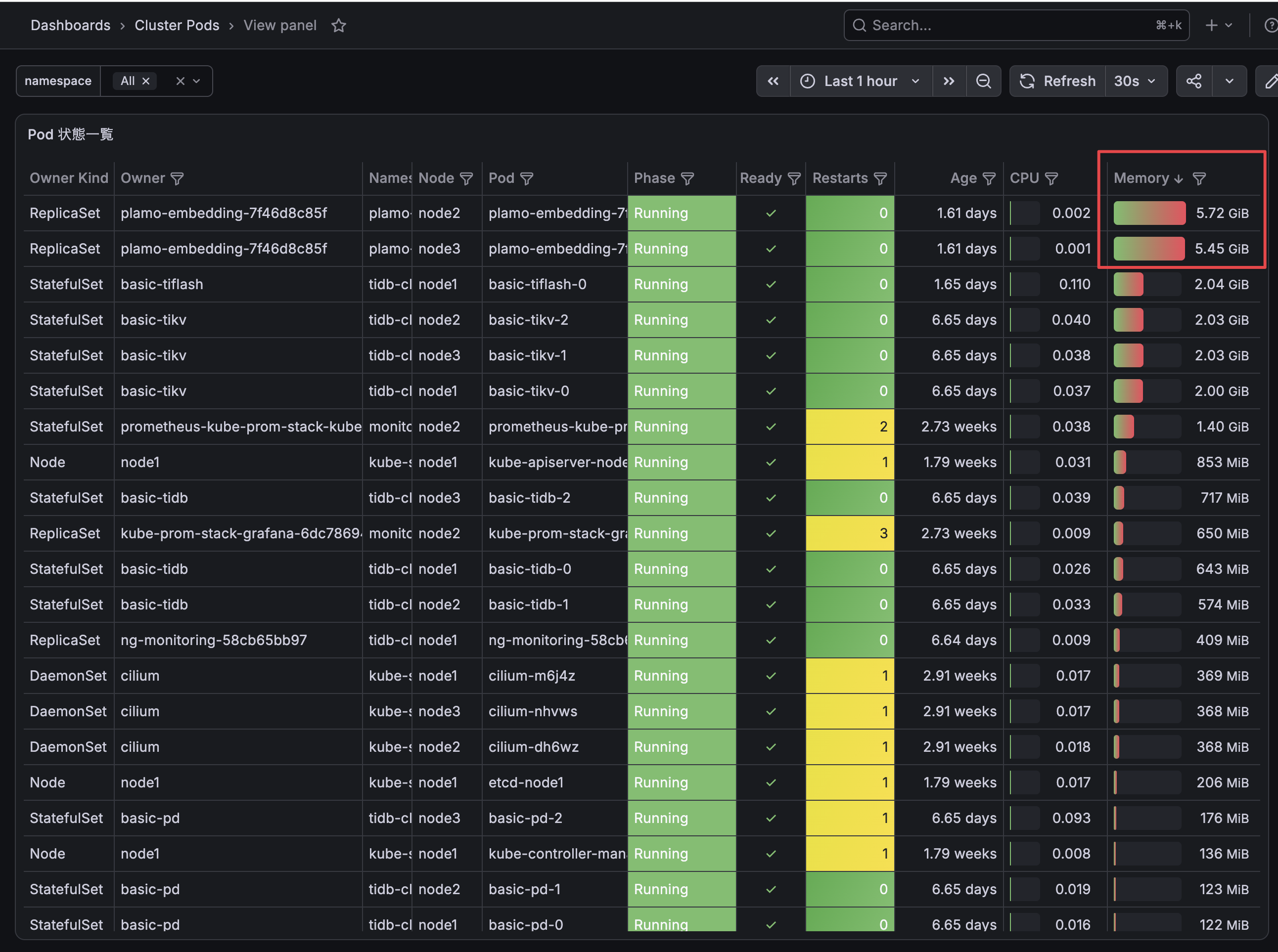 PLaMo Podのアイドル時メモリ。node2が5.72GiB、node3が5.45GiB
