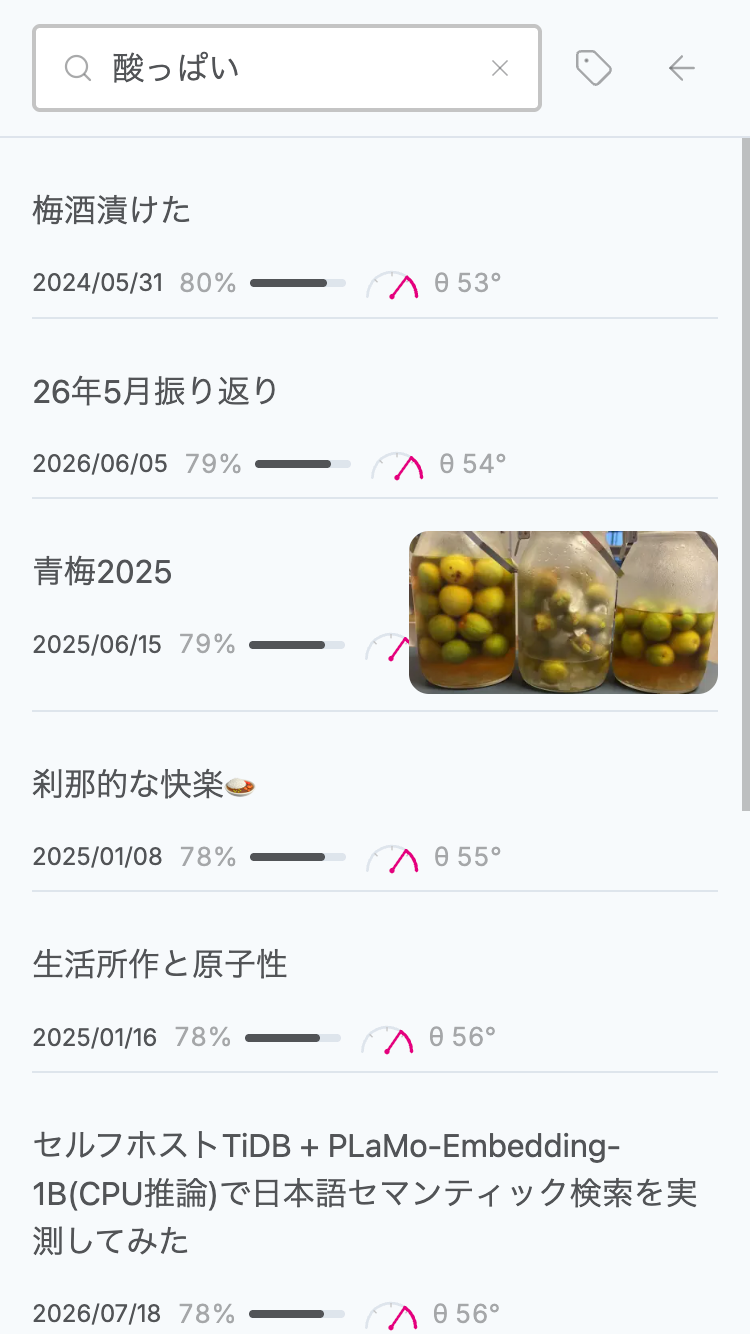 「酸っぱい」で検索したセマンティック検索の結果