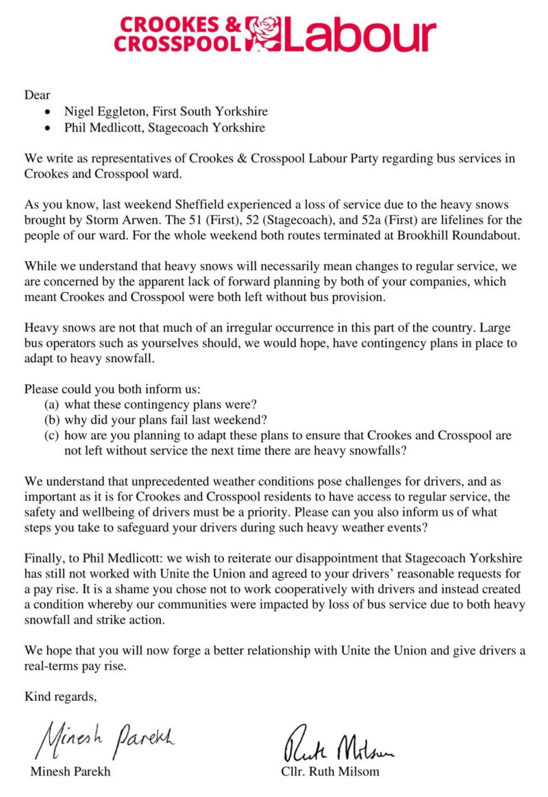 letter Letter from Councillor Ruth Milsom and Minesh Parekh, to the CEOs of Stagecoach and First South Yorkshire.