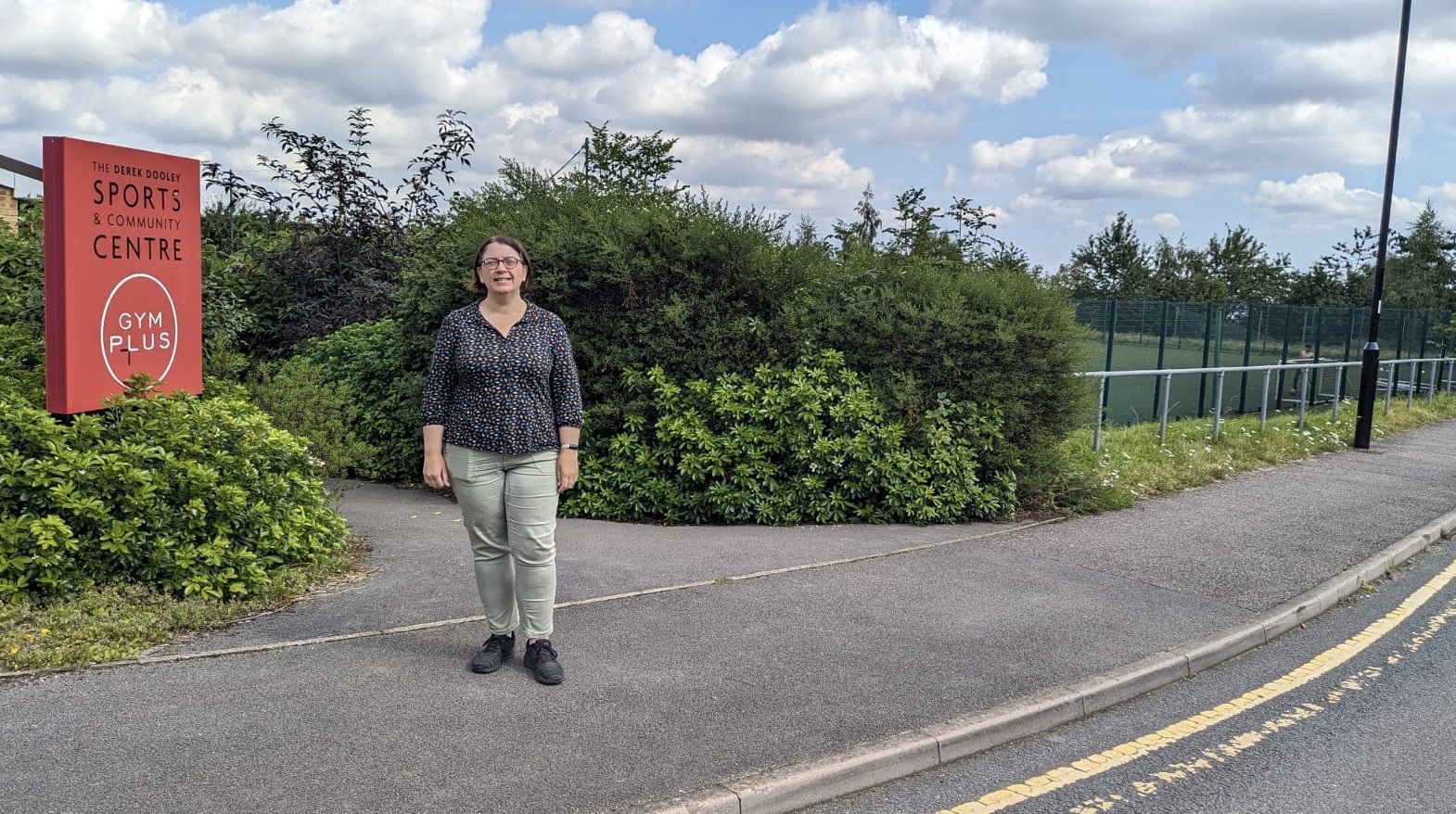 Photograph of Crookes Councillor Ruth Milsom outside the Derek Dooley Sports and Community Centre.