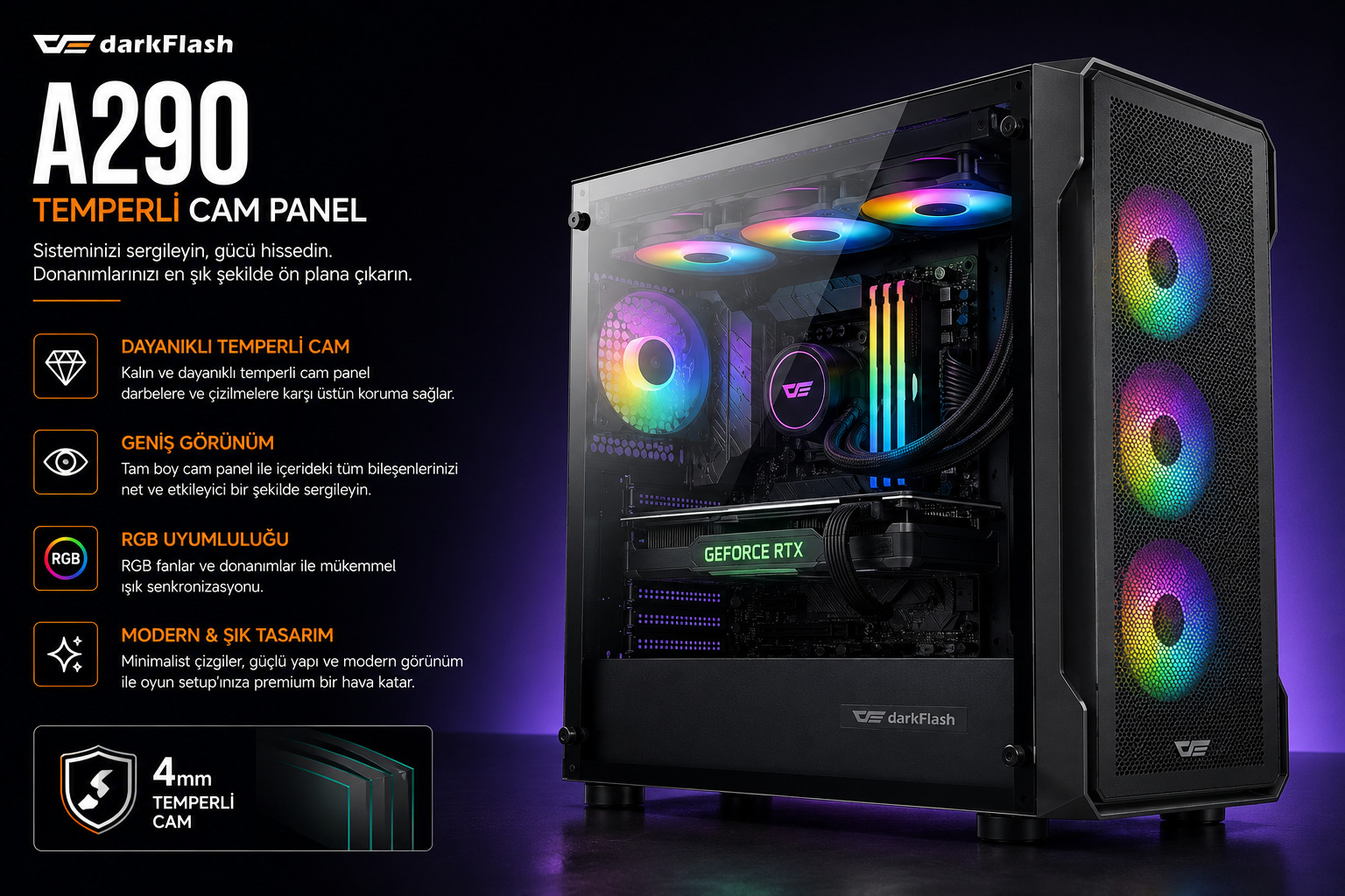 Aigo DarkFlash A290 temperli cam yan panel