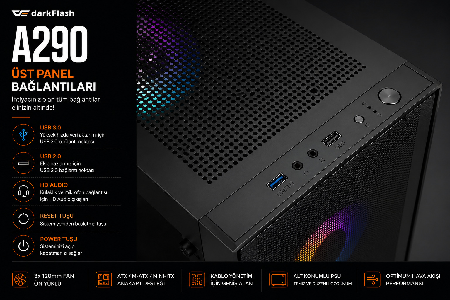 Aigo DarkFlash A290 USB 3.0 üst panel bağlantıları