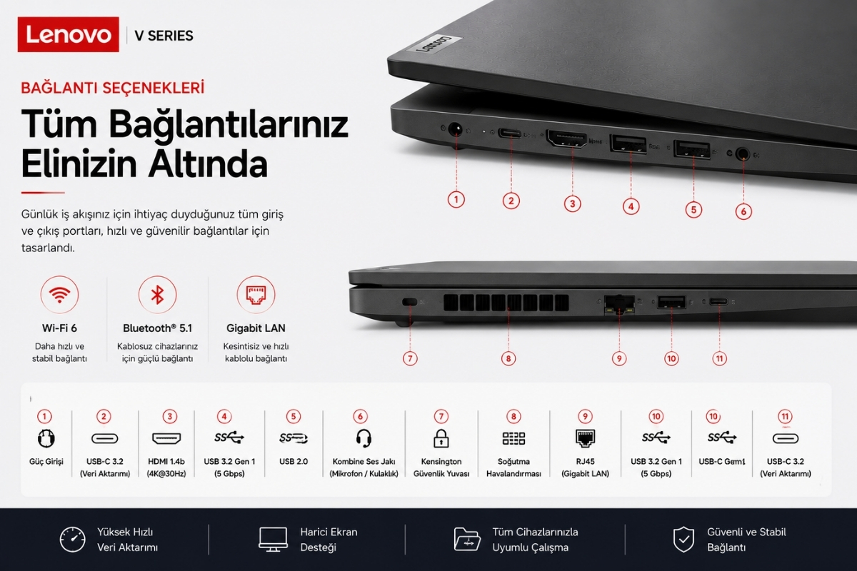 Lenovo V15 G4 IRU USB-C HDMI USB RJ45 Bağlantı Noktaları
