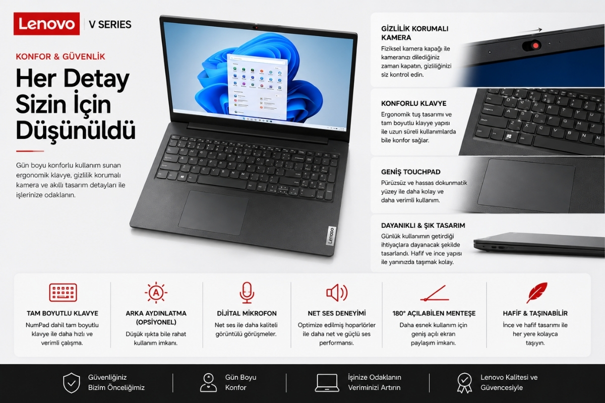 Lenovo V15 G4 IRU Klavye Touchpad Gizlilik Kamerası ve Tasarım