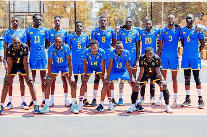 Sport-S men's volleyball team pose for a group photo before the National Club Championship final against UCU Doves at the YES Centre in Nsambya