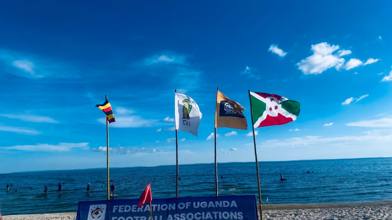 The Uganda flag (left) and the Burundi flag (right) during the Beach Soccer AFCON qualifier at Bunjako Beach.