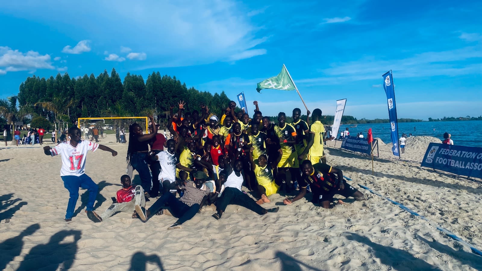 Uganda’s Sand Cranes celebrate after eliminating Burundi to qualify for the 2026 Beach Soccer Africa Cup of Nations in Senegal.