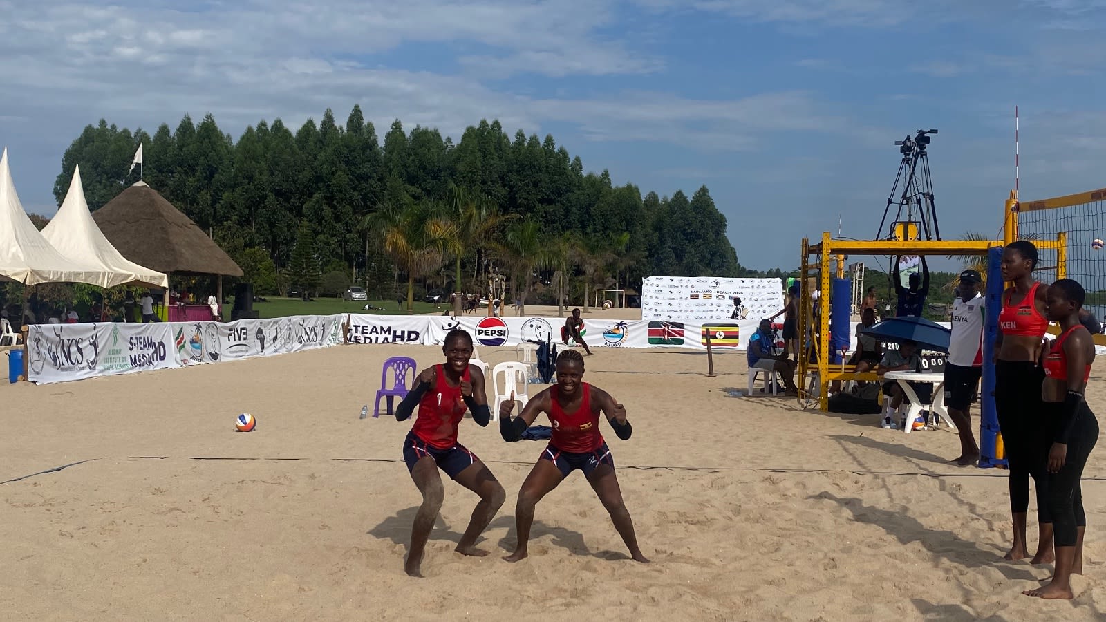 Claire Najjuuko and Purity Nalua Nekesa celebrate after beating Kenya’s Eddah and Chesol to reach the semifinals.