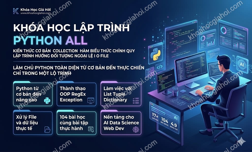 Khóa Học Lập Trình Python All (Kiến Thức Cơ Bản, Collection, Hàm, Biểu Thức Chính Quy, Lập Trình Hướng Đối Tượng, Ngoại Lệ, I/O File)