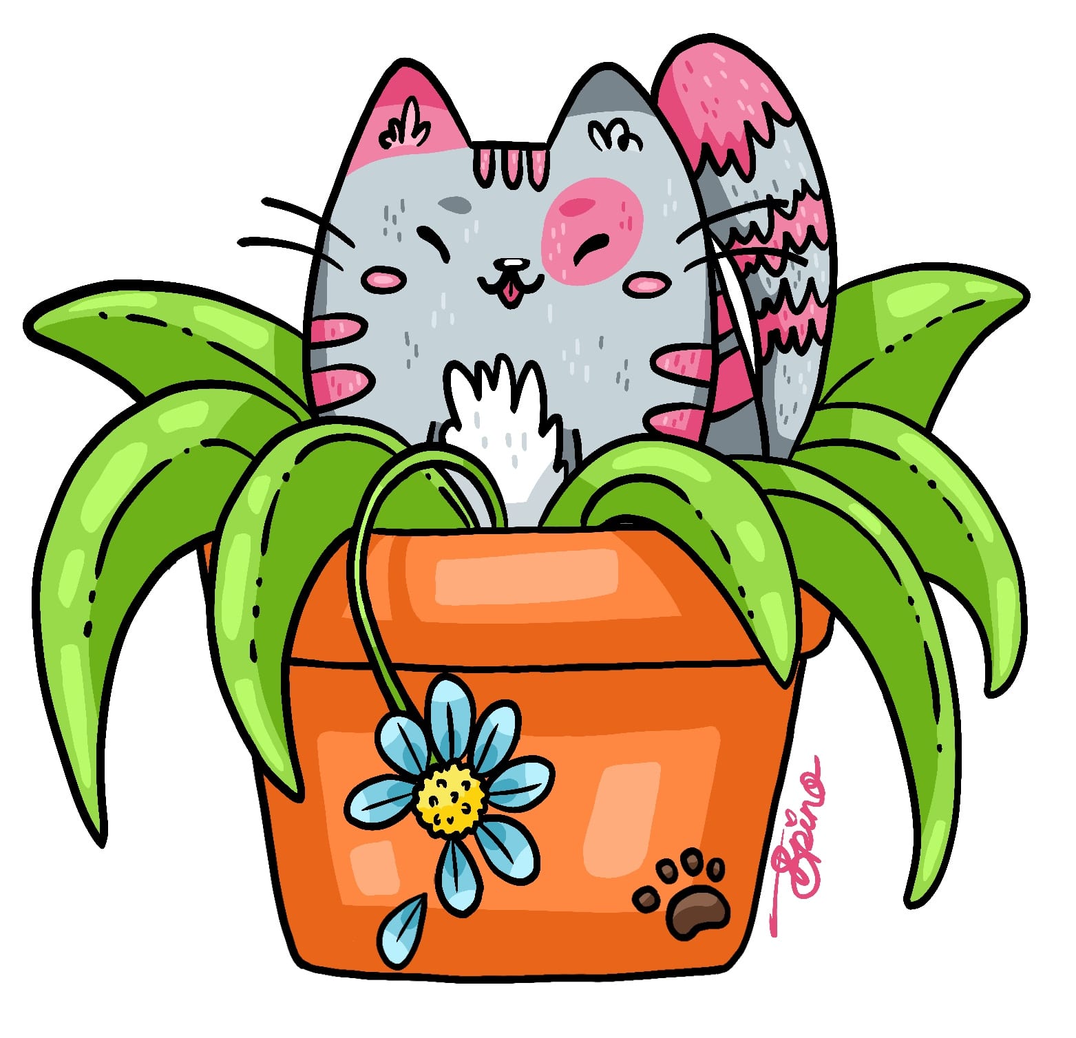 This is one of three plant cats I drew on Procreate. My plan is to turn them into enamel pins. I really like the pink and grey colours I chose for this kitty.