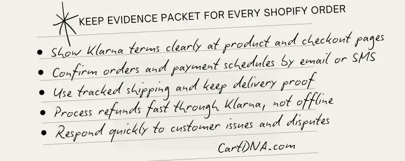 Klarna evidence packet checklist for Shopify merchants - invoice, tracking, delivery confirmation and policy proof