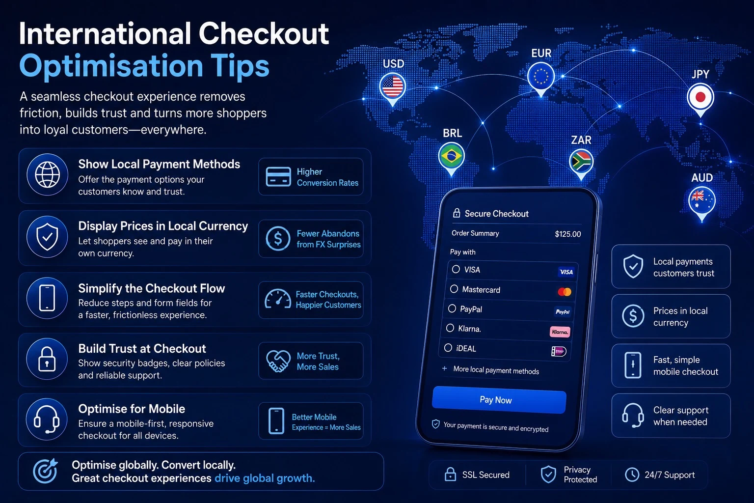 International checkout-optimering for Shopify-butikker — lokale betalingsmetoder, betroede valutaer og regionspecifikke muligheder for at maksimere globale konverteringsrater