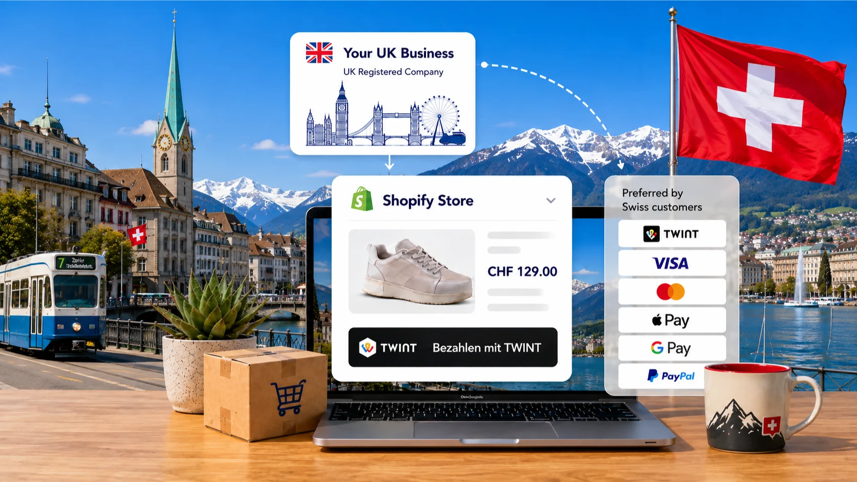 Sell to Switzerland with a UK business using Shopify, TWINT payments, CHF pricing and Swiss local payment methods